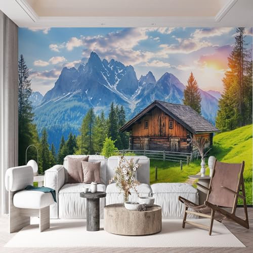 Art Papier Peint Intissé Maison en Bois de Paysage de Ferme, Vert Papier Peint Photo 400x280 cm (L x H) Affiche de Papier Peint, Fresque Murale 3D HD pour Salon Chambre Cuisine