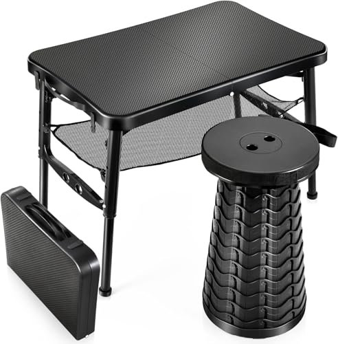 Taylor & Brown Portable Folding Camping Table and Telescopic Stool Set, Adjustable Height Foldable, Lightweight and Sturdy for Outdoor Picnic, Beach, Also Ideal as Lap Desk, Bed Table (Black)
