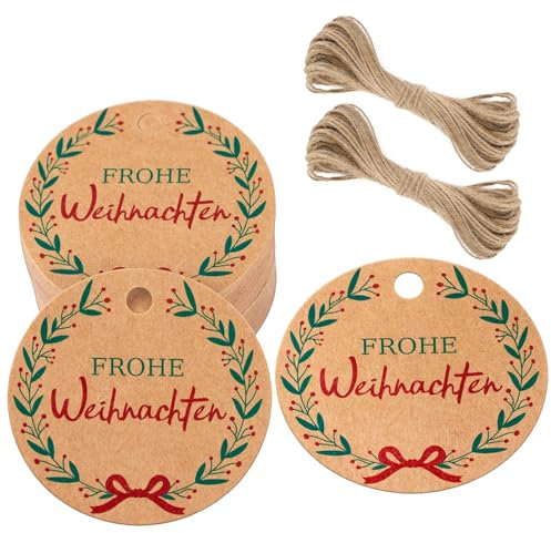 jijAcraft Frohe Weihnachten Anhänger, 100 Stück Geschenkanhänger Weihnachten, Rund Kraftpapier Etiketten Braun 5 cm Papieranhänger zum für Adventskalende DIY Weihnachten Deko Geschenke Verpackung