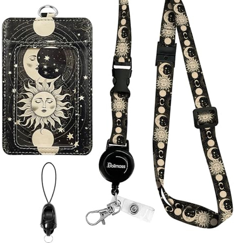 Bolimoss Porte-badge Soleil et Lune avec Bobine Rétractable et Cordon Détachable en Cuir - Protège-carte de Nom Ajustable - Porte-clés pour Femme, Infirmière, Enseignante, Étudiante