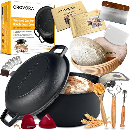 Crovora Cocotte en fonte pour la cuisson du pain – 5 l, noir, rond, pré-assaisonné, comprend un panier à bannions, une écharpe à pain en silicone, une lame, un fouet à pâte, des grattoirs et une