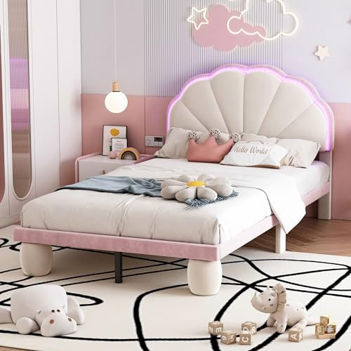 Ymkua Polsterbett Einzelbett 90x200 cm, Kinderbett Bett mit LED-Leuchten und Lattenrost, Bettgestell mit Kopfteil und Gepolsterter Runden Beine für Kinder, Jugendliche, Samt, Beige+Rosa, Ohne Matratze