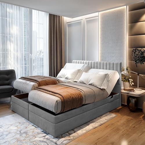 TRADA Boxspringbett ADÈLE 180 x 200 cm – elektrische Bett mit Matratze + Tooper und Bettkasten - Stoffbezug Veloursstoff - Hellgrau - 180 x 200 cm