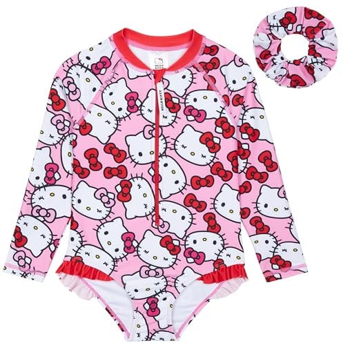 Hello Kitty Girls Swimming Costume Long Sleeve Kawaii Swimsuit with Hair Scrunchie One Piece for Kids Teens Swimwear for Pool Beach Holiday Essentials (7-8 Years, Pink)
