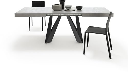 MOBILI FIVER, Ausziehbarer Esstisch Romina 140(220) x90 cm, Grauer Beton, Schwarze Eisen Beine, Made In Italy