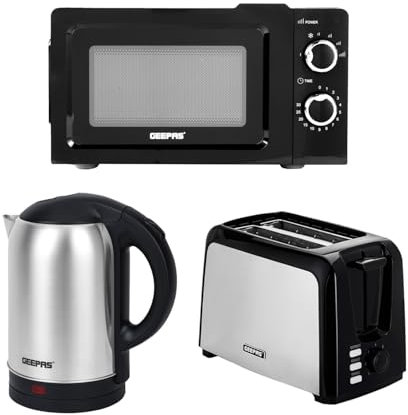 Geepas 2 Slice Bread Toaster, 1.8L Electric Kettle & & 20L 700W Solo Manual Microwave Oven Kitchen Combo Set | 750W Toaster, 7 Level Browning Control | 1800W Stainless Steel Cordless Jug Kettle