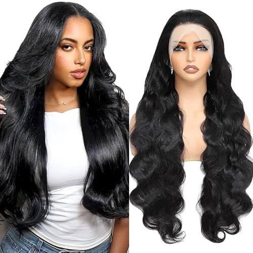 Echthaar Perücke für Damen Schwarz Perücken Body Wave Human Hair Wig 13x6 Lace Front Wig 100% Brasilianisches Perücken Echthaar mit Babyhaar Any Part 180% Dichte 22 Inch