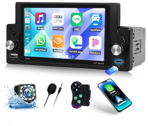 CAMECHO 1Din Wired Carplay 5.9 Pollici Bluetooth Radio HD Touch Screen Android Auto Radio con FM EQ Tone Controllo del Volante 2USB Mirror Link +Telecamera Posteriore Microfono