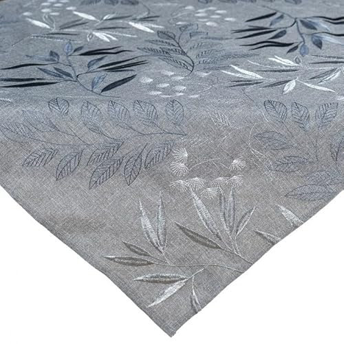Tischdecke Mitteldecke grau Silber Stickerei Blätter Leinenoptik Verschiedene Größen (85 x 85 cm)