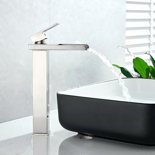 XWIHTR Robinet de salle de bain en cascade, robinet de salle de bain en acier inoxydable et laiton, économie d'eau, robinet d'évier ; bouche chaude et froide, robinet d'évier à une poignée (brossé-h)