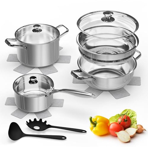 12-Piece Stainless Steel Saucepan Set, Induction Pots and Pans Set with Steamer & Glass Lids, Kitchen Cookware Set with Utensil Set Pot Protectors, Suitable for All Stovetops