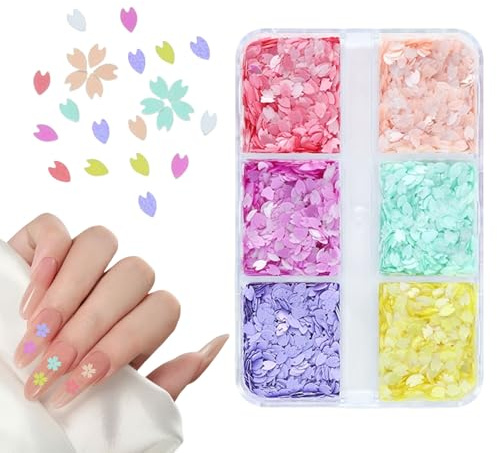 Flower Nail Glitter Flakes, 6 Grids Cherry Blossoms Nail Sequins Holographic Floral Nail Art Stickers Nail Accessories for Women Girls DIY Nail Decoration (Multi-Colored A)