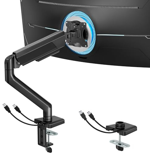 ARES WING Monitorarm mit USB-A/C für 17-40 Zoll Monitore, bis 12kg, Schwarz | Höhenverstellbar, VESA 75/100, für Flach- und Curved-Monitore, Tischhalterung