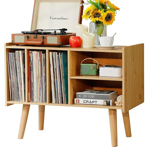 Record Player Stand with Vinyl Storage Holds Up to 300lb, Large Record Player Table Cabinet for Album Storage with Holder Vinyl Display Shelf, Wood Turntable Stand for Bedroom Living Room (Nature)