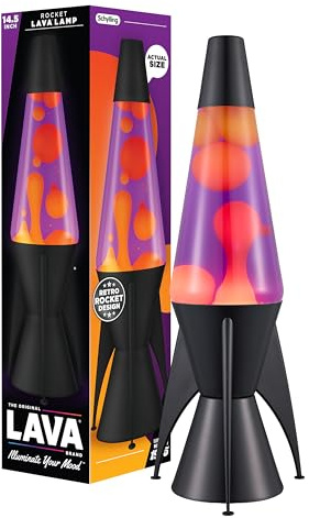LAVA® – Lavalampe Evenfall Rocket 2391, gelbes Wachs, lila Flüssigkeit, dekorative Basis, Kappe und Raketenflossen, Original 14,5 Zoll Bewegungslampe der Marke LAVA®