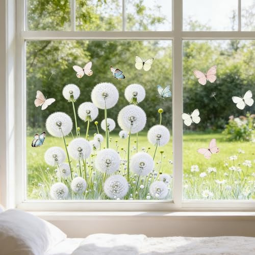 2 Stück Weiß Pusteblume Fensterbilder Selbstklebend Fensteraufkleber Blumen | Schmetterling Sommer Frühling Anti-Kollision für Wohnzimmer Schlafzimmer Bad Küche Glastüren Fensterdeko