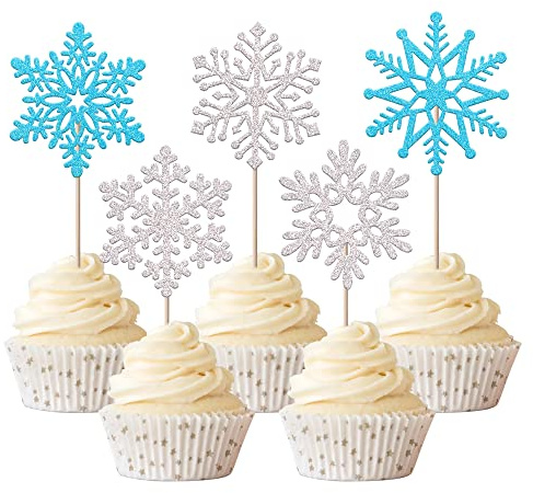 30 Packung Schneeflocke Geburtstag Tortendeko Winterdeko Cupcake Toppers Wonderland Schneeflocken Geburtstag Kuchen Deko für Winter Thema Baby Dusche Kuchen Deko Party Zubehör blau Silber