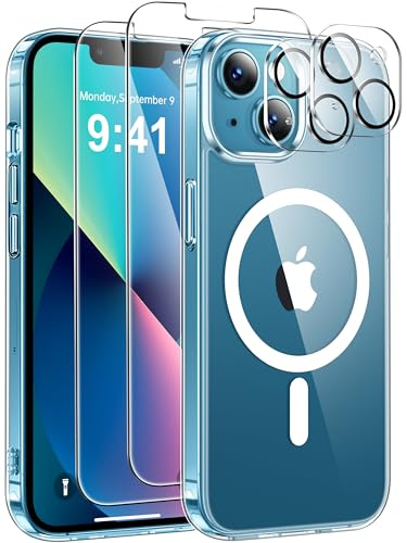 ivencase Magnetic for iPhone 13 Case with 2 Pack Screen Protector and 2 Pack Camera Lens Protector, Compatible with MagSafe, Shockproof Protective Clear Back Phone Case for iPhone 13 6.1 Inch -Clear
