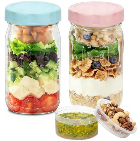 Wieerda Glass Salad Jars with Lids, 32 oz Salad Container with 2 Built-In Compartments, Yogurt Pots for Dry-Wet Separation, Breakfast Pots for Yogurt Cereal Fruit, Glass Mason Jars for Salad (2 Pcs)