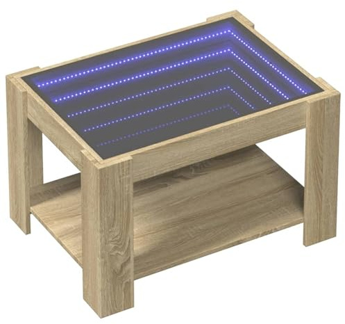 WGYHOME -Couchtisch Sonoma Eiche 73x53x45 cm mit RGB-Beleuchtung & Infinity-Spiegel – Holzwerkstoff-Glastisch für Wohnzimmer, Schlafzimmer & als Kaffeetisch