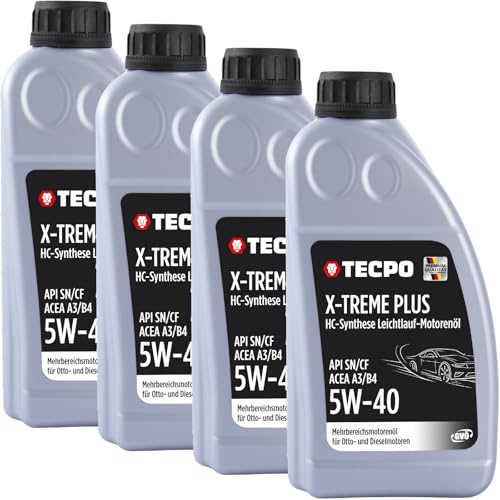 TECPO Motoröl 5W40 Öl X-TREME Plus Öl, 4 Liter 5W-40 Gebinde HC-Synthese für Diesel-und Benzinmotoren entspricht API SN/CF/ACEA A3/B4 / 502/505 / 226.3/226.5 / Longlife 01/98