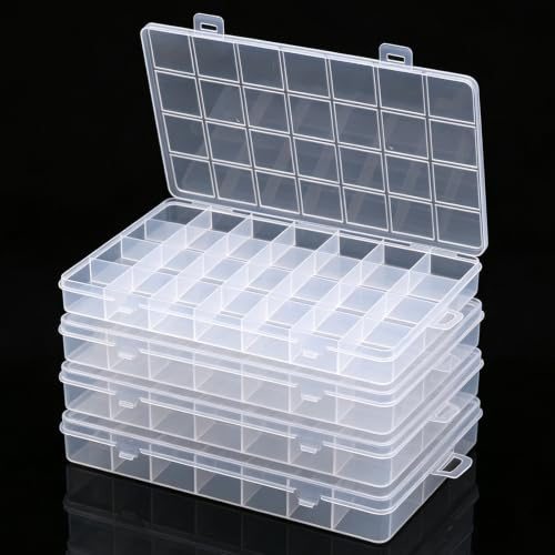 ChAusa 4 Stück Transparent Aufbewahrungsbox, Aufbewahrungsbox klein mit 28 | 22.3x13x1.5 cm Praktische Jewelry Organizer für Schmuck, Perlen, Kleinteile, Werkstatt und DIY