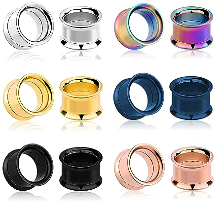 Longbeauty 12er Set/6-Farbe Schraub Hollow Edelstahl Flesh Tunnel Plugs Set 5mm