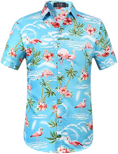 SSLR Chemise Hawaïenne Homme Flamants Fleurs Casual Manche Courte (Large, Bleu)