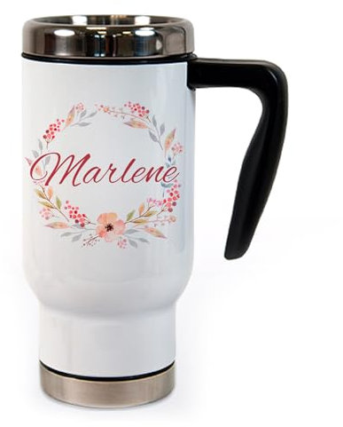 Unikatolo Thermobecher mit Name personalisiert, Isolierbecher individuell bedruckt, Uni, Büro, Coffee to go Becher, Edelstahl Thermo-Tasse, weiß, Frauen, Namenstasse, Blumen, aquarell (Blumenranke)