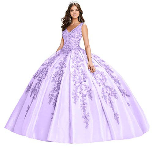 Snow Lotus Vestido de quinceañera con tirantes delgados y cuentas para mujer, con apliques de encaje, vestido de baile, morado claro, 34