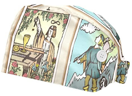 Magician and The Fool Tarotkarten, Illustration, 2 Stück, verstellbare Arbeitskappe mit Knöpfen, elastisch, Bouffant-Mützen, Kopftuch mit Schweißband für Damen und Herren