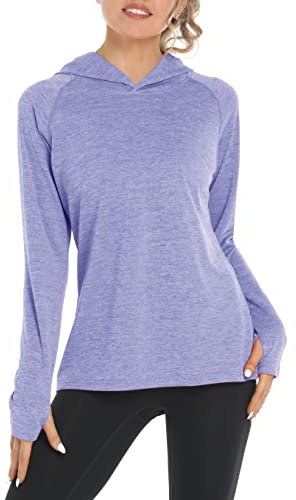 KEFITEVD Maglietta UV da donna, a maniche lunghe, con cappuccio e foro per il pollice, sportiva, estiva, traspirante, a maniche lunghe, mélange Rash Guard, viola chiaro, M