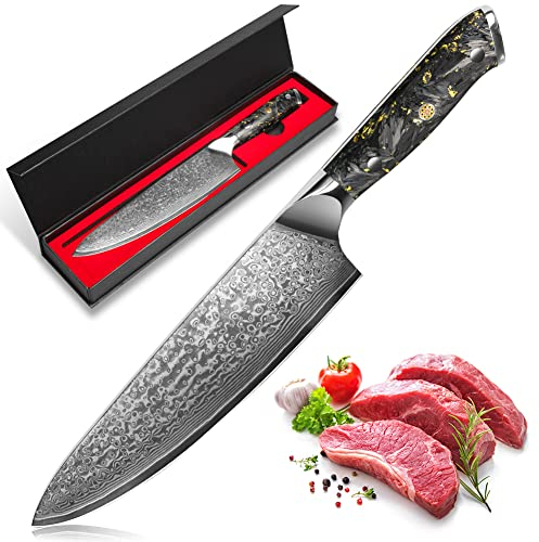 kyushublade Profi Kochmesser Damastmesser Küchenmesser, 67 Schichten Damaststahl Stahlmesser mit einzigartigem Karbonfaser & Blattgoldgriff
