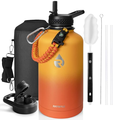 RAYMYLO Insulated Water Bottle 64 oz, Triple Wall Vacuum Stainless Steel (Cold for 48 Hrs), Leak Proof & Non-BPA, Half Gallon Water Flask Jug with Paracord Handle & Straw Spout Lids, Ombre Orange