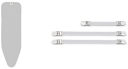 Brabantia Housse pour Table à Repasser B, 124 X 38 cm - Coton, Mousse 4mm & Feutre 4mm – Silver & Clips de Fixation pour Housse de Repassage - 3 Pièces - Blanc