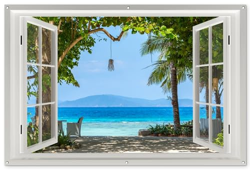 MuchoWow© Gartenposter Groß 180x120 cm XXL Outdoor Bilder Gartendeko für draußen Wetterfest Garten Sichtschutz Terrasse Deko Banner Draußen Bild Fensterblick - Baum - Meer - Palme - Hügel - Strand - B