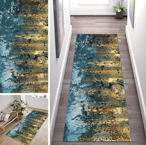 ZUZEKU Abstrakte Läufer Flur Küche Waschbar rutschfest 110X180cm Vintage Blau Gelb Lang Küchenteppich Flurteppich Teppich Fur Korridor Wohnzimmer Schlafzimmer Meterware Anpassbar