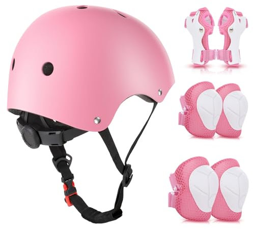 WayEee Kids Helmet and Pads Set Age 3-10 Years, Adjustable Kids Bike Helmets, Boys & Girls Kids Skateboard Helmet, Knee, Elbow &Wrist Pads Set, for Cycling, Roller Skating, Skateboard(Pink)