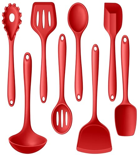 LIANYU 8-teiliges Küchenutensilien-Set, rote Silikon-Spatel, Utensilien | Metallkern, ungiftige Kochutensilien für antihaftbeschichtetes Kochgeschirr, hitzebeständig und spülmaschinenfest