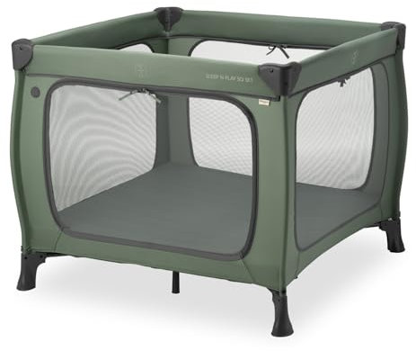 hauck Kinderreisebett & Laufstall Sleep N Play SQ Set mit Matratze 5 cm dick, Klein Zusammenklappbar, Inklusive Tragetasche, für Babys & Kinder ab Geburt bis 15 kg (Dark Green)
