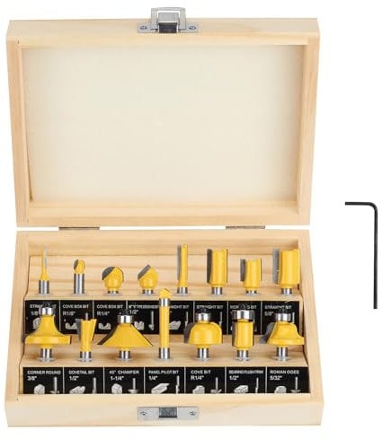 Yueqing Zhongji Juego de brocas de enrutador de 1/4 de pulgada, 15 piezas de carburo de tungsteno de 1/4 pulgadas, herramientas de carpintería para puertas, mesas, estantes, armarios, carpintería de