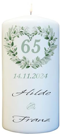 Eiserne Hochzeit Kerze mit Namen & Wunschtext personalisiert - zum 65 Hochzeitstag - Größe 15cm x 7cm