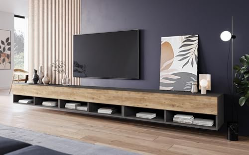 PIASKI LOWBOARD A Meuble TV 300 cm avec éclairage LED inclus, grand meuble TV, plusieurs couleurs (mater/marron)