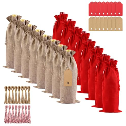 16 Pcs Burlap Wine Gift Bags, Bottle Bags for Wine with Hang Tag And Hemp Rope, Jute Drawstring Gift Bag for Christmas Weddings Birthdays Holidays and Parties