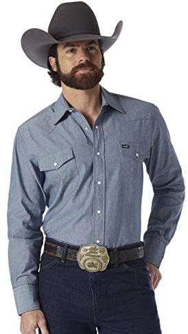 Wrangler Men's Cowboy Cut Western Long Sleeve Snap Work Shirt Washed Finish Shirt, Blue, 16.5 Inches Neck 37 Inches Sleeve