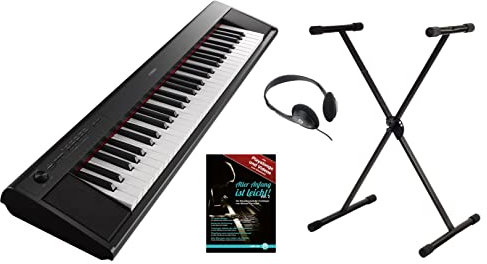 Yamaha Piaggero NP-12B Kit piano portable avec 61 touches dynamiques, 10 sons de qualité, enregistrement, support de clavier, casque, école de piano, USB, piles