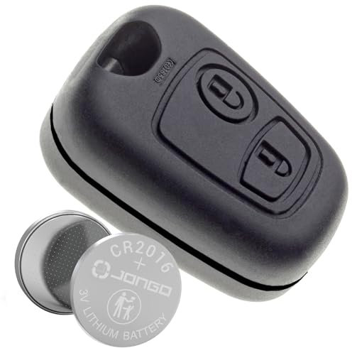 Jongo® Coque de Clef 2 Boutons pour Peugeot 106, 206, 206+, 206 Sedan | Pile CR2016 Incluse | sans Lame | Boitier Télécommande Plip | Remplacement Économique du Boitier Abîmé