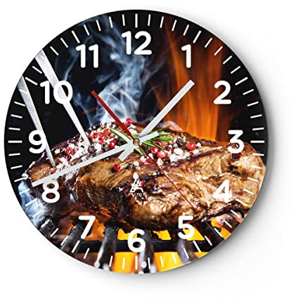 Modern Wanduhr Steak Grill Flammen Essen 30x30cm Rund Klein Wand Uhr Glas Analog Zimmeruhren Küche Büro Wohnzimmer Glasuhr Wall Clock Dekoration Design Wanddekoration Küchenuhr C4AR30x30-2865
