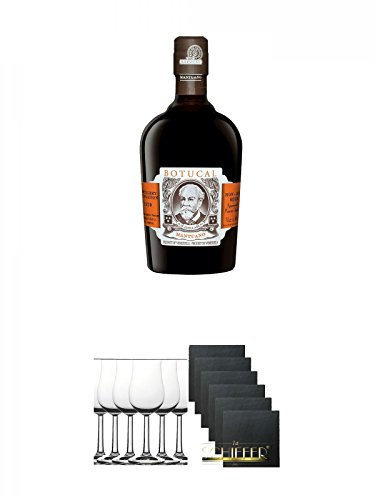 Botucal Diplomatico Mantuano 0,7 Liter + Whisky Nosing Gläser Kelchglas Bugatti mit Eichstrich 2cl und 4cl 6 Stück + Schiefer Glasuntersetzer eckig 6 x ca. 9,5 cm Durchmesser