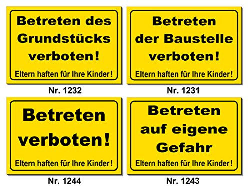 Grundstück-Baustelle-Betreten verboten-auf eigene Gefahr-Schild-Aluminium Verbund-300 x 200 x 2 mm-Verbotsschild-Warnschild-Hinweisschild-Türschild (Nr. 1231-300 x 200 x 2 mm mit Löcher)